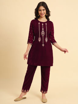 Yufta - Magenta Embroidered Kurta and Trouser (Set of 2)