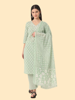 Yufta - Green Embellished Kurta and Trouser with Dupatta (Set of 3)