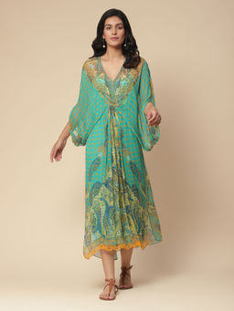 Aarke Ritu Kumar - Aqua Paisley Print Kaftan Dress with Inner (Set of 2)