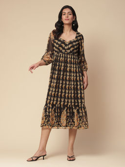 Aarke Ritu Kumar - Black Floral Print Midi Dress