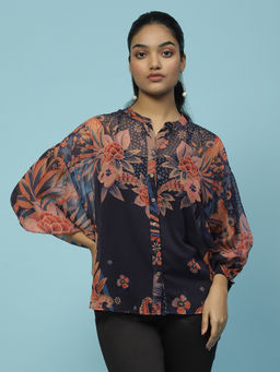 Aarke Ritu Kumar - Navy Blue Floral Print Shirt with Camisole (Set of 2)