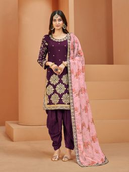 Odette - Stunning Purple Art Silk Organza Embroidered Semi Stitched Salwar Suit (Set of 3)