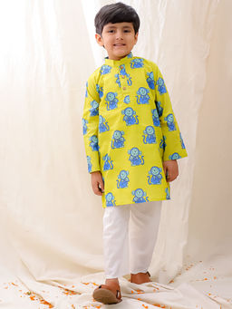 BownBee - Yellow Quirky Printed Full Sleeves Kurta Pyjama for Boys (Set of 2)