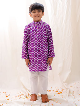 BownBee - Purple Pure Cotton Printed Full Sleeves Kurta Pyjama for Boys (Set of 2)