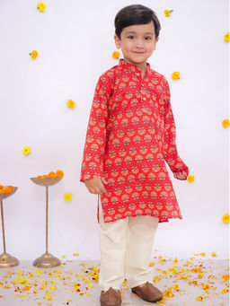 BownBee - Red Pure Cotton Printed Full Sleeves Kurta Pyjama for Boys (Set of 2)