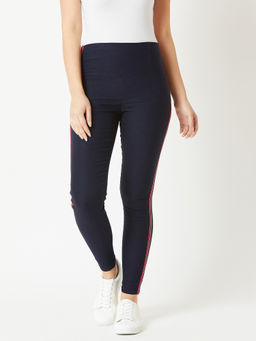 Miss Chase - Navy Blue Solid Knitted Skinny Multi-coloured Twill Tape Regular High Waist Jeggings