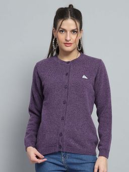 Monte Carlo - Solid Purple Round Neck Full Sleeve Cardigan