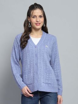 Monte Carlo - Self Design Blue V Neck Full Sleeve Cardigan