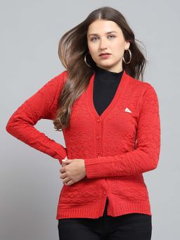 Monte Carlo - Self Design Red V Neck Full Sleeve Cardigan