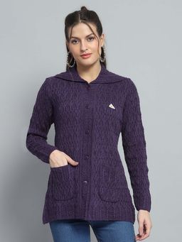 Monte Carlo - Self Design Purple Collar Neck Full Sleeve Cardigan
