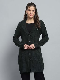 Monte Carlo - Self Design Dark Green Notch Lapel Full Sleeve Cardigan