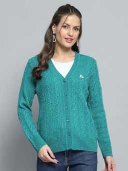 Monte Carlo - Self Design Turquoise V Neck Full Sleeve Cardigan