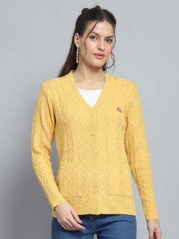 Monte Carlo - Self Design Yellow V Neck Full Sleeve Cardigan