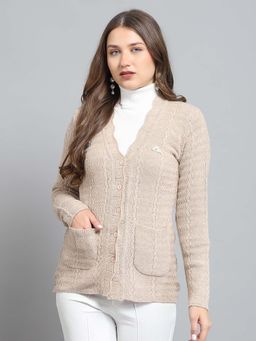 Monte Carlo - Self Design Beige V Neck Full Sleeve Cardigan