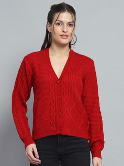 Monte Carlo - Self Design Red V Neck Full Sleeve Cardigan