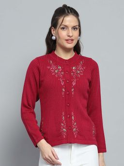 Monte Carlo - Embroidered Maroon Round Neck Full Sleeve Cardigan