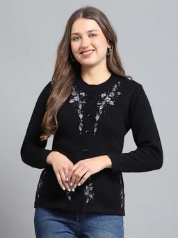 Monte Carlo - Embroidered Black Round Neck Full Sleeve Cardigan