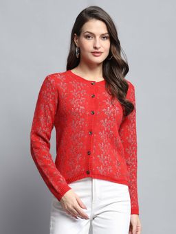 Monte Carlo - Self Design Red Round Neck Full Sleeve Cardigan