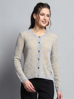 Monte Carlo - Self Design Grey Round Neck Full Sleeve Cardigan