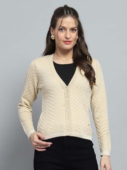 Monte Carlo - Self Design Beige V Neck Full Sleeve Cardigan