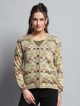 Monte Carlo - Self Design Green V Neck Full Sleeve Cardigan