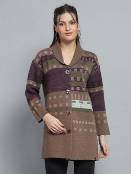 Monte Carlo - Self Design Brown Collar Neck Full Sleeve Cardigan