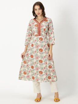 Saffron Threads - White Floral Print Neck Embroidery Kurta