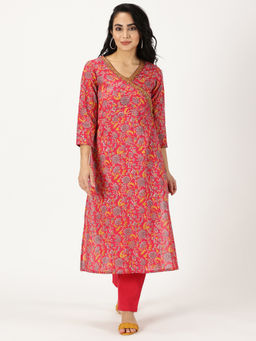 Saffron Threads - Pink Floral Print Neck Embroidered Angrakha Kurta
