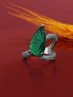 Carlton London - Premium Silver & Green Toned Cubic Zirconia Studded Rhodium-Plated Adjustable Ring