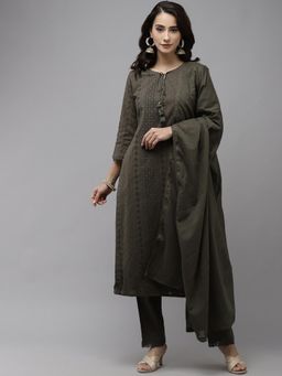 ISHIN - Women's Cotton Olive Schiffli Embroidered A-Line Kurta Trouser Dupatta (Set of 3)