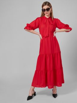 Style Quotient - Women Red Solid Polyester Tiered Smart Casual Dress