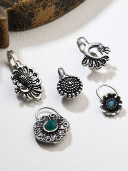 Fida - Ethnic Silver Plated Peacock Nose Pin for Women (Set of 5)