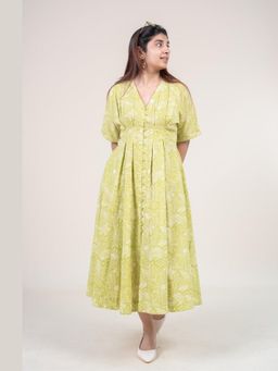 The Indian Ethnic Co. - Reema Lime Green Printed Cotton A-Line Dress