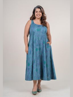 The Indian Ethnic Co. - Tira Teal Blue Printed Cotton A-Line Dress