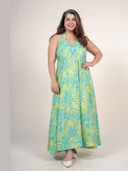The Indian Ethnic Co. - Mihira Blue Turquoise Printed Cotton A-Line Dress