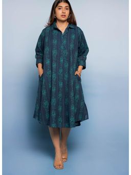 The Indian Ethnic Co. - Ridah Blue Dabu Mul Cotton A Line Dress