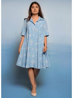 The Indian Ethnic Co. - Srisha Blue Dabu Mul Cotton A Line Dress