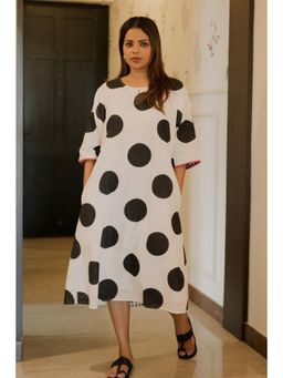 Cyan - Women White Polka Dot Premium Cotton Dress