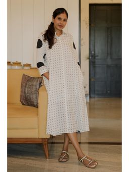 Cyan - Women White Patchwork Premium Cotton Shirt Dress