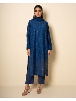 Kameez - Cobalt Bloom Chanderi Blue Embroidered Kurta with Pant and Dupatta
