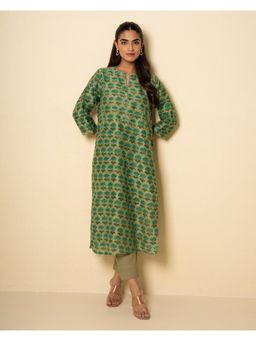 Kameez - Moss Garden Chanderi Green Floral Block Print Kurta with Pant