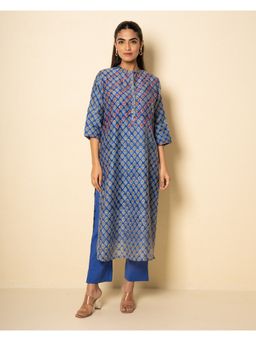 Kameez - Cornflower Blue Chanderi Block Print Kurta with Pant
