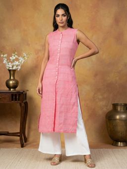 Jompers - Women Pink Pure Cotton Woven Design Straight Kurta