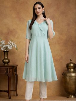 Jompers - Blue Flared Woven Design V-Neck Short Sleeve Kurta