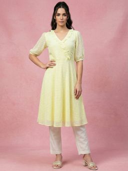 Jompers - Yellow Flared Woven Design V-Neck Short Sleeve Kurta