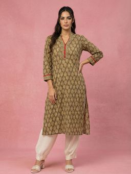 Jompers - Women Olive Printed Straight Pure Cotton Kurta