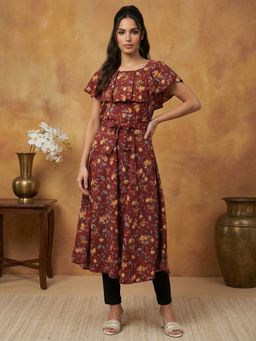 Jompers - Women Maroon Flared Printed Kurta with Belt