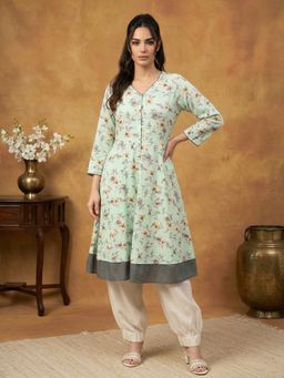 Jompers - Women Sky Blue Cotton Blend Flared Floral Printed Kurta