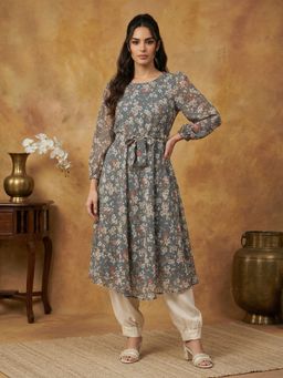 Jompers - Women Grey Georgette Floral Printed Kurta with Belt