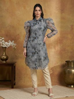 Jompers - Grey Organza Puff Sleeves Floral Printed Kurta